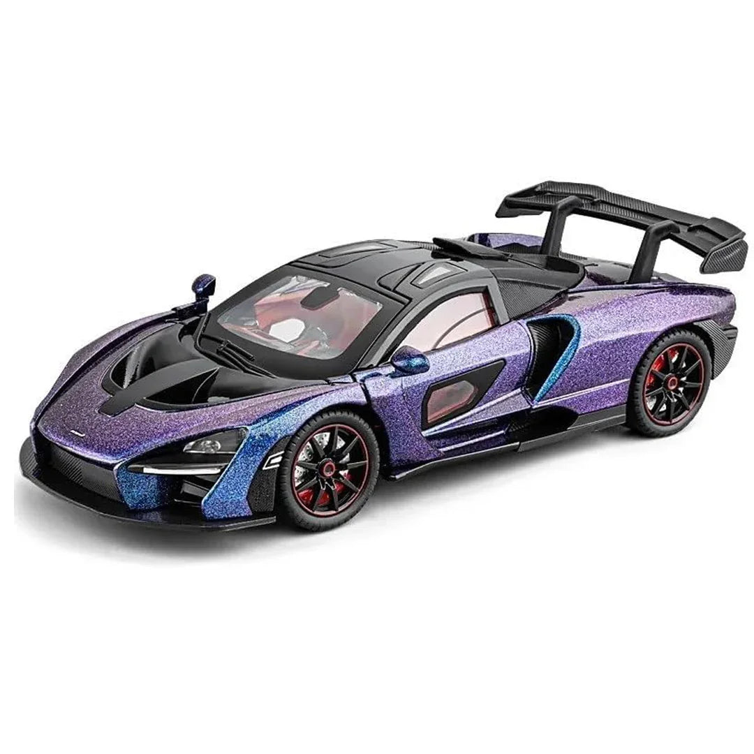 1:24 McLaren Senna Die-Cast Toy Car Model – Collectible Pull Back Supercar with Openable Doors, Light & Sound (Purple) - Jaiman Toys