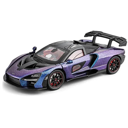 1:24 McLaren Senna Die-Cast Toy Car Model – Collectible Pull Back Supercar with Openable Doors, Light & Sound (Purple) - Jaiman Toys