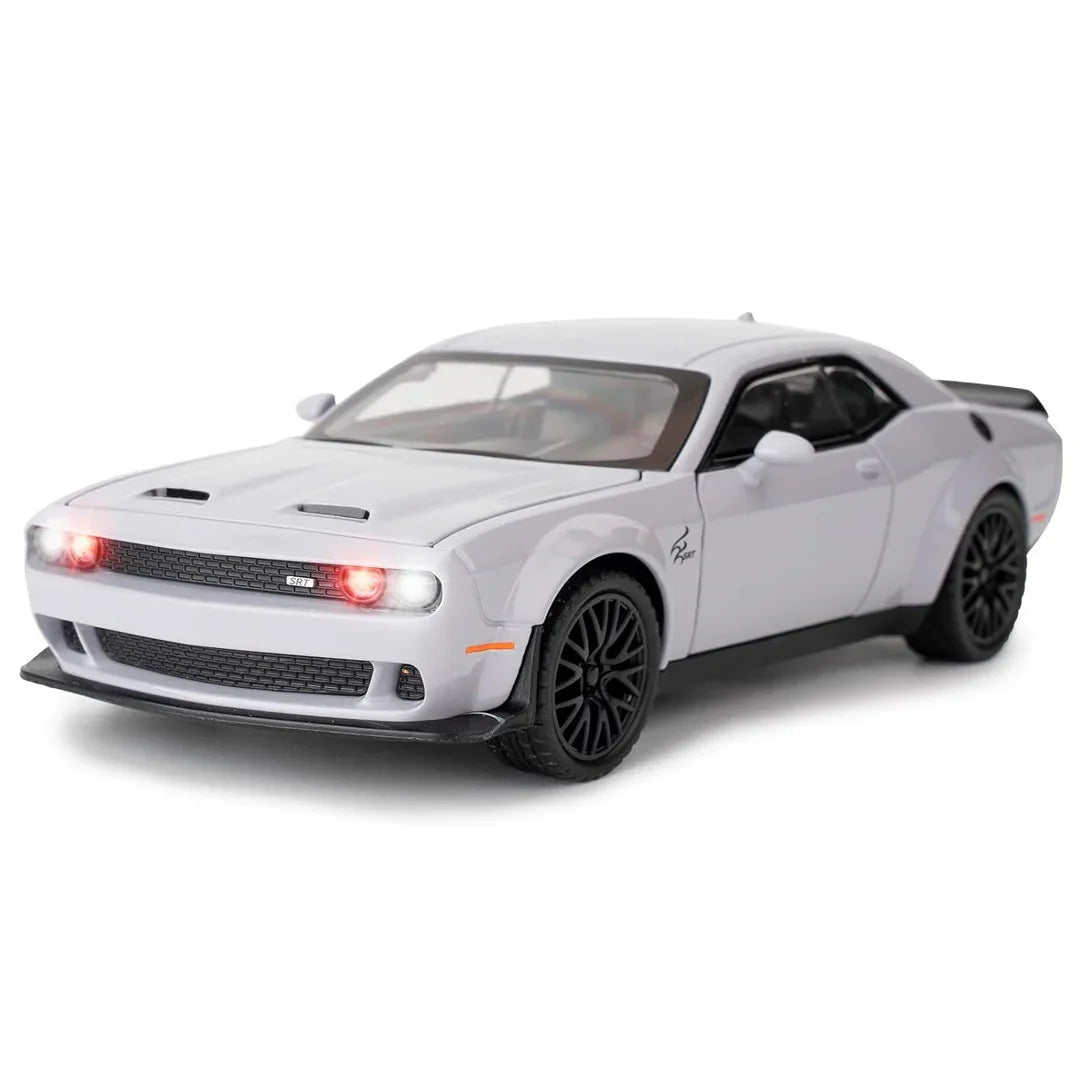 1:32 Dodge Challenger Hellcat Diecast Model Car – Pull Back Zinc Alloy Toy with Sound & Light (Gray) - Jaiman Toys