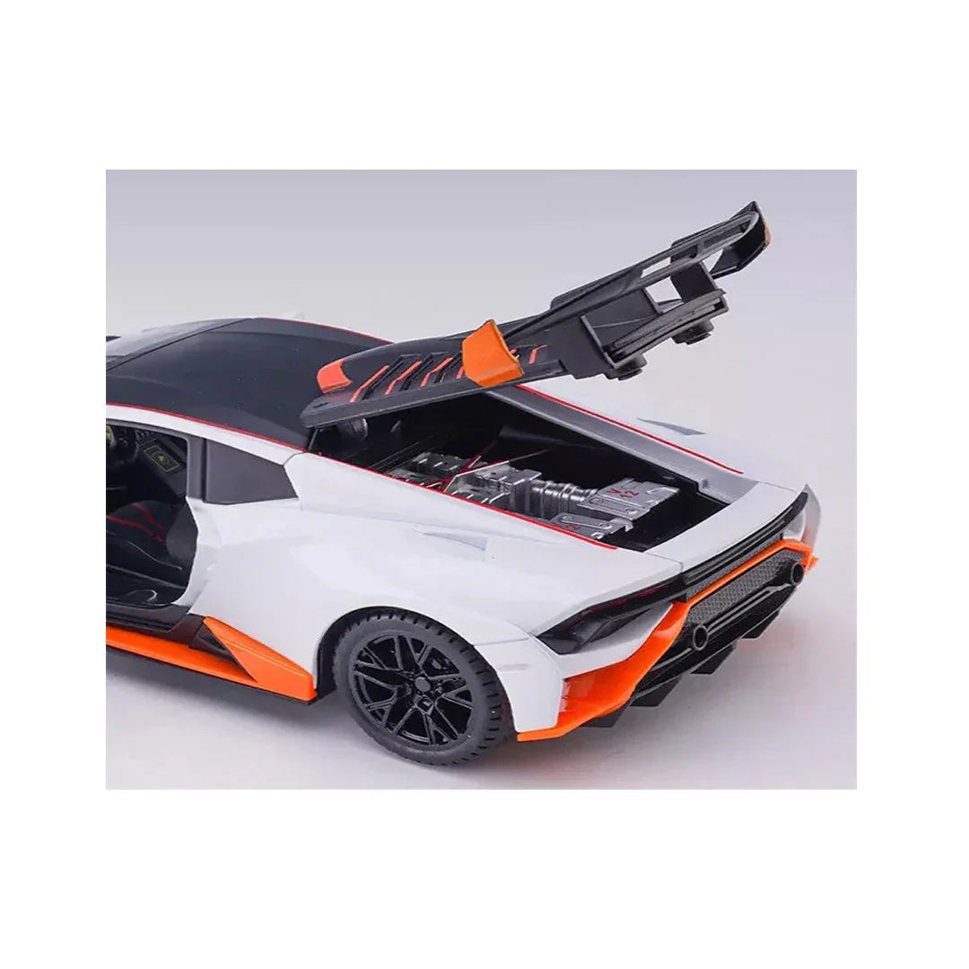 1:24 Lamborghini Huracán STO Die-Cast Metal Model Car – Pull Back Sports Car with Openable Doors, Light & Sound (White) - Jaiman Toys