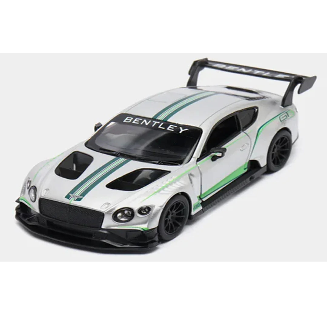 KiNSMART 2018 Bentley Continental GT3 – 1:38 Scale Die-Cast Model Car – Pullback Action Collectible - Silver - Jaiman Toys