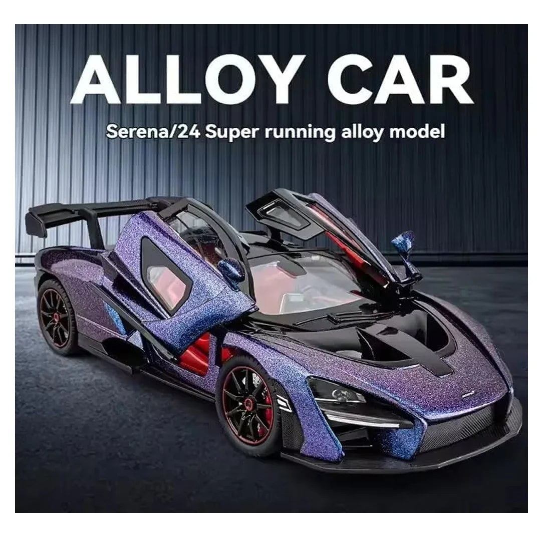 1:24 McLaren Senna Die-Cast Toy Car Model – Collectible Pull Back Supercar with Openable Doors, Light & Sound (Purple) - Jaiman Toys
