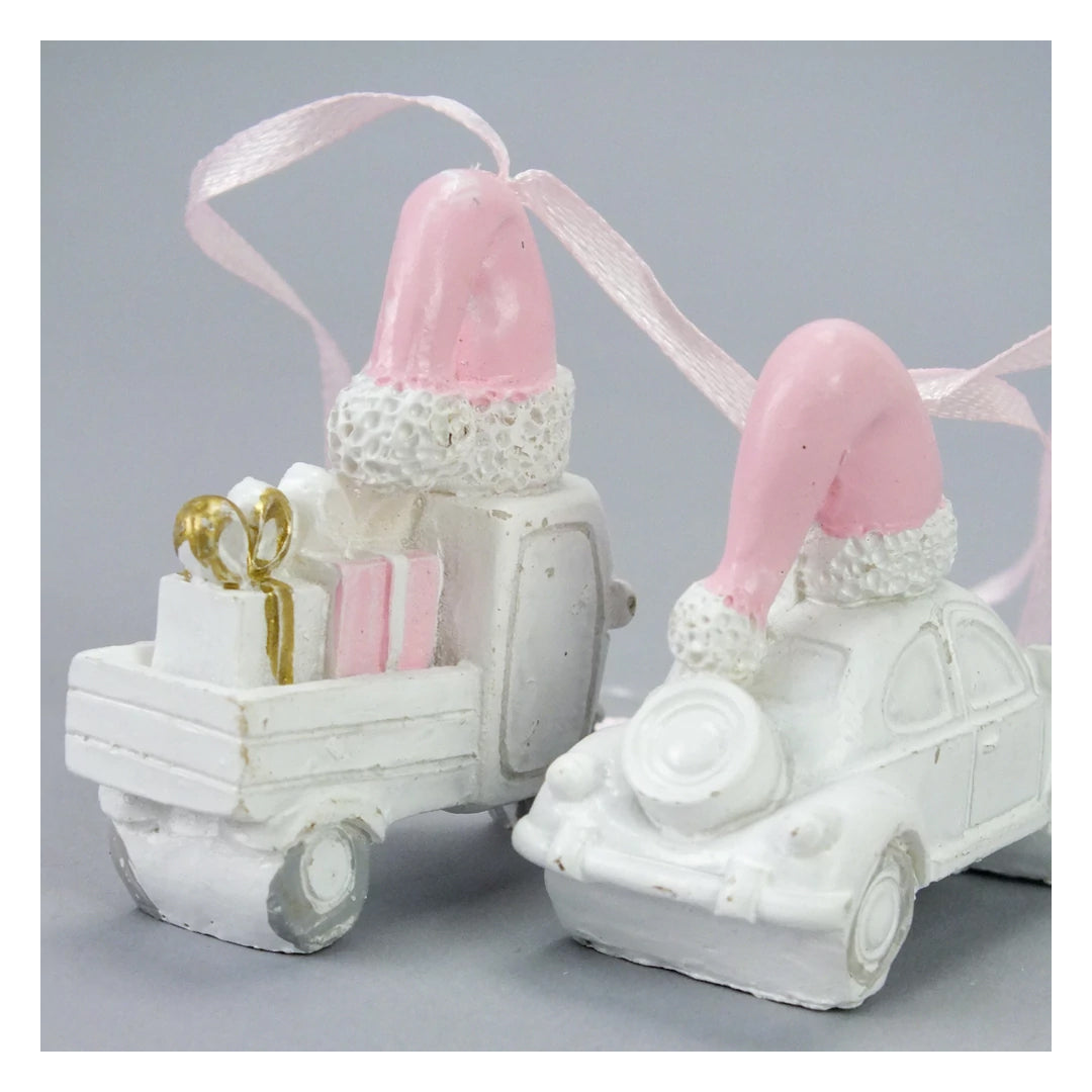 Christmas Festive Vehicle Ornaments Set (2pcs) | Pink & White Holiday Hanging Décor