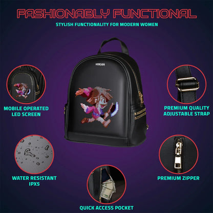 HOOKABA Dazz Roll Women’s LED Backpack – App-Controlled Pixel Display, Stylish Waterproof Bag (14L) -Black - Jaiman Toys