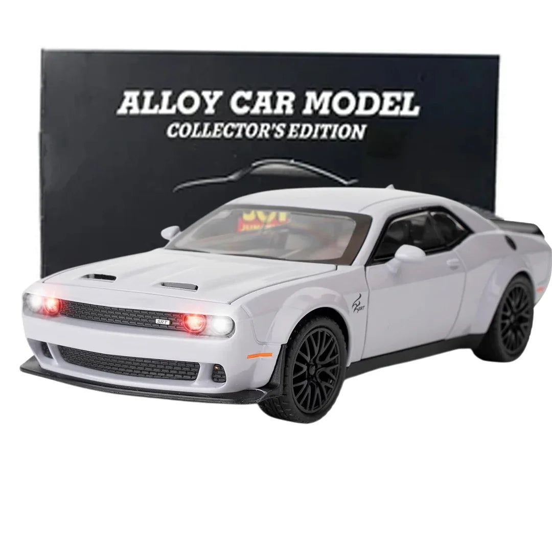 1:32 Dodge Challenger Hellcat Diecast Model Car – Pull Back Zinc Alloy Toy with Sound & Light (Gray) - Jaiman Toys