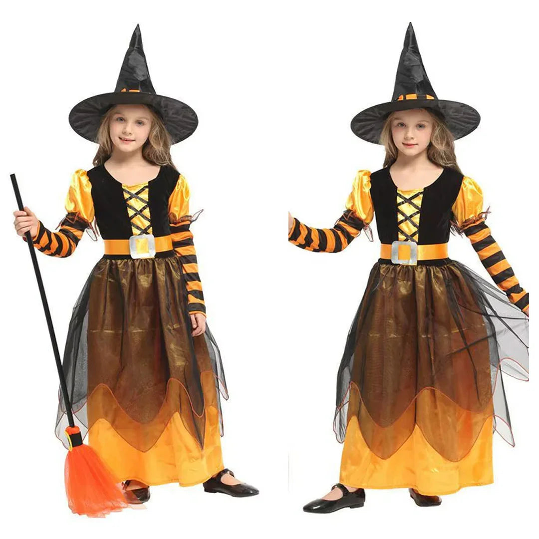 Girls’ Witch Pumpkin Halloween Costume with Hat – Fancy Party & Cosplay Dress