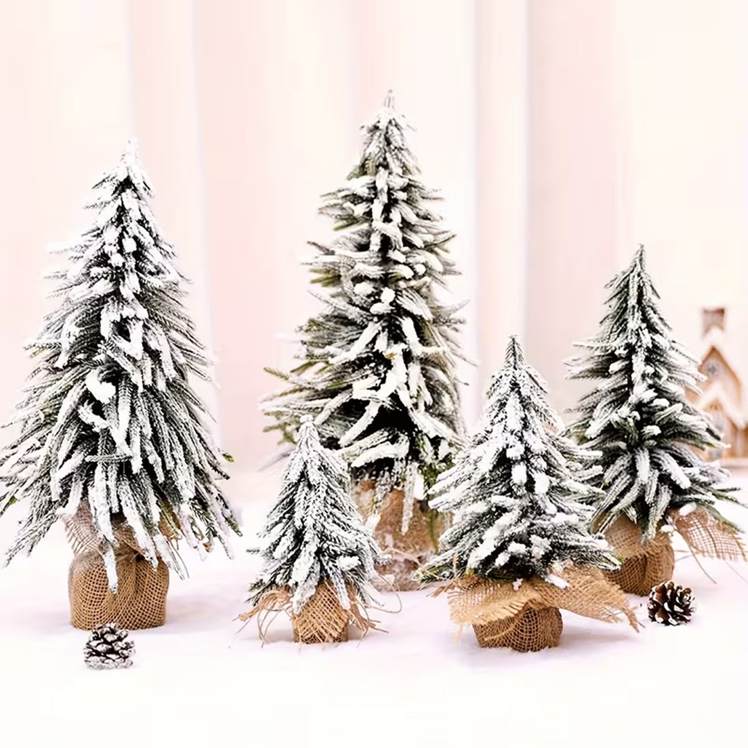 Snow-Flocked Mini Christmas Tree 35 cm | Tabletop Pine Tree with Burlap Base – Winter Holiday Décor
