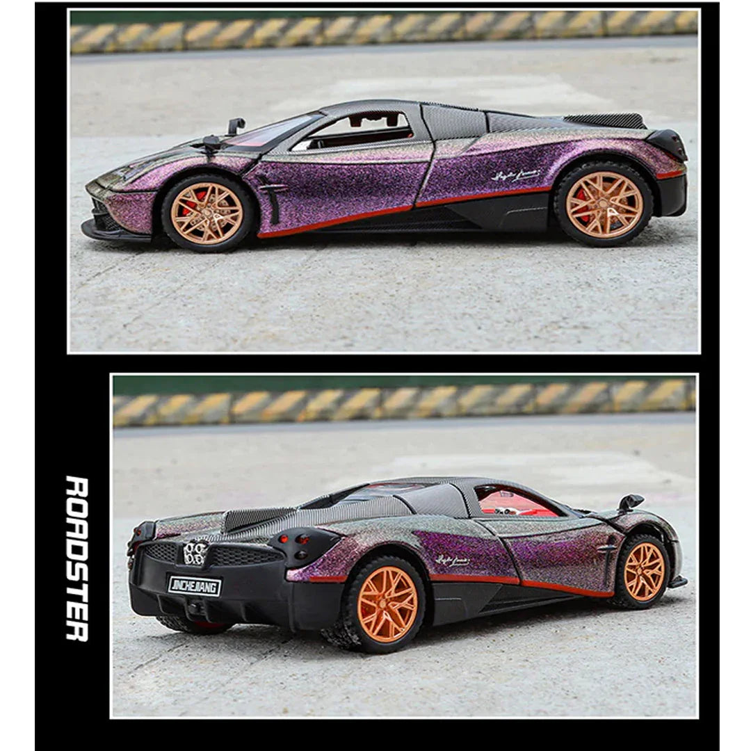 JOY JUNCTION Pagani Fengshen 1:32 Scale Alloy Metal Pullback Die-Cast Car – Purple with Lights, Music & Openable Doors - Jaiman Toys