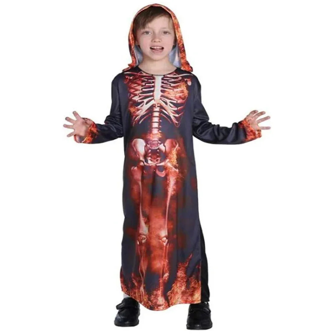 Kids’ Red Skeleton Hooded Robe Halloween Costume – Flame Skull Cosplay Outfit