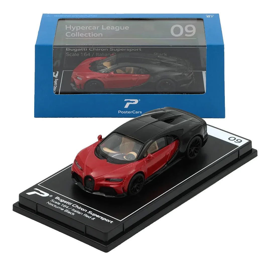 PosterCars 1:64 H09 – Bugatti Chiron Supersport Italian Red & Nocturne Black with Acrylic Box | - Jaiman Toys