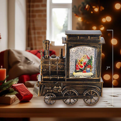 Christmas Train Lantern with Santa | LED Glitter Snow Globe Train Decorative Light – Holiday Home Décor