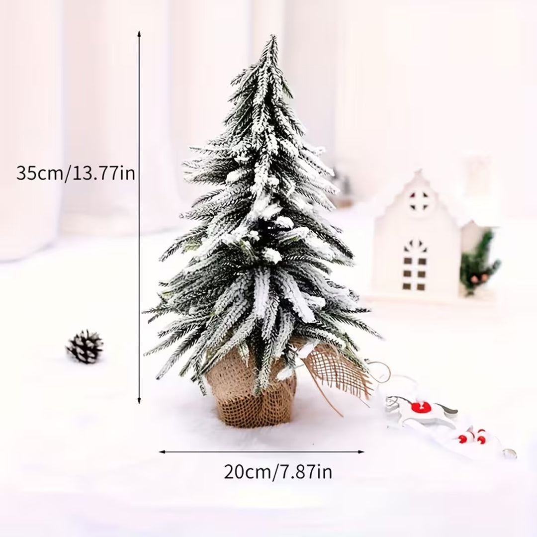 Snow-Flocked Mini Christmas Tree 35 cm | Tabletop Pine Tree with Burlap Base – Winter Holiday Décor