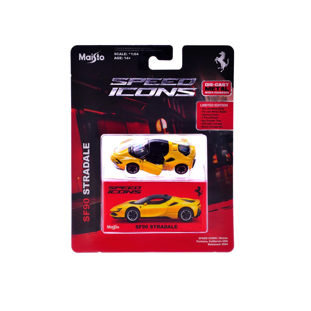 Maisto Ferrari SF90 Stradale Yellow – 1:64 Speed Icons Series | Licensed Die‑Cast Supercar Model - Jaiman Toys