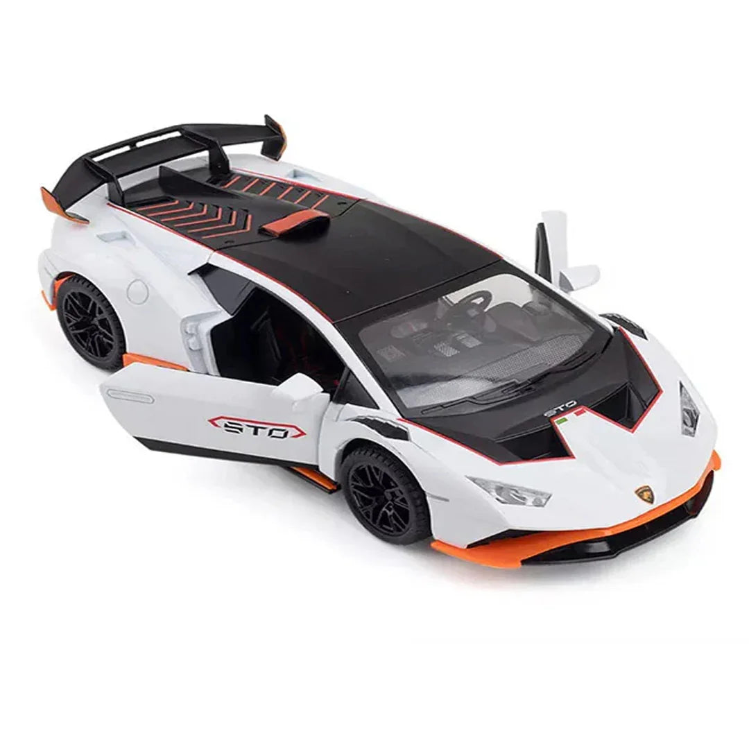 1:24 Lamborghini Huracán STO Die-Cast Metal Model Car – Pull Back Sports Car with Openable Doors, Light & Sound (White) - Jaiman Toys