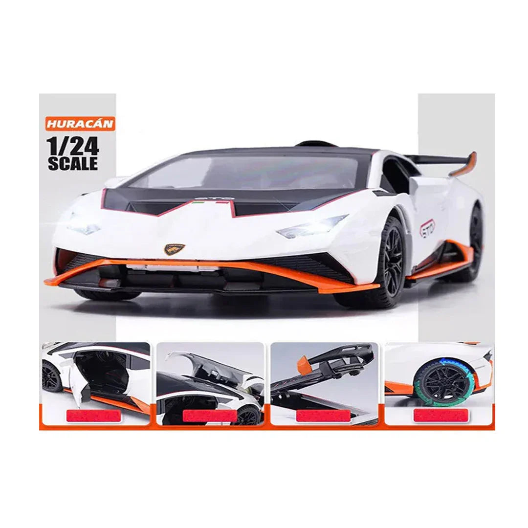 1:24 Lamborghini Huracán STO Die-Cast Metal Model Car – Pull Back Sports Car with Openable Doors, Light & Sound (White) - Jaiman Toys