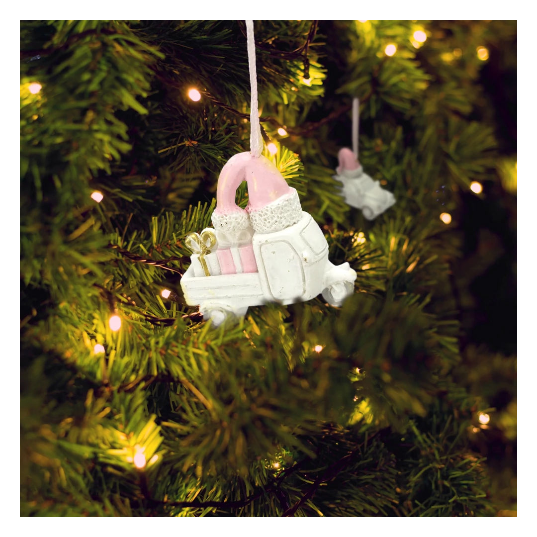Christmas Festive Vehicle Ornaments Set (2pcs) | Pink & White Holiday Hanging Décor