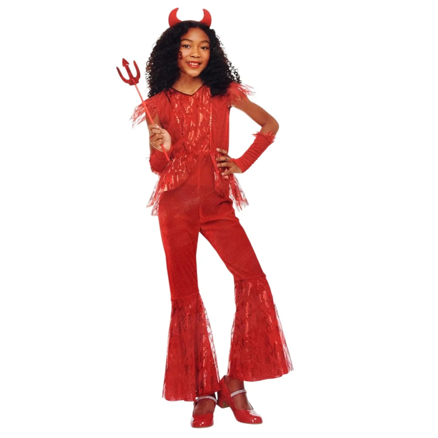 Girls’ Red Devil Halloween Costume with Horns & Trident – Kids Fancy Dress