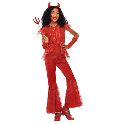 Girls’ Red Devil Halloween Costume with Horns & Trident – Kids Fancy Dress