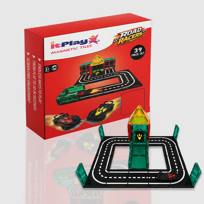 ITPLAY Road Racer Theme Magnetic Tiles 39 Pcs Educational Construction Building Set for Kids