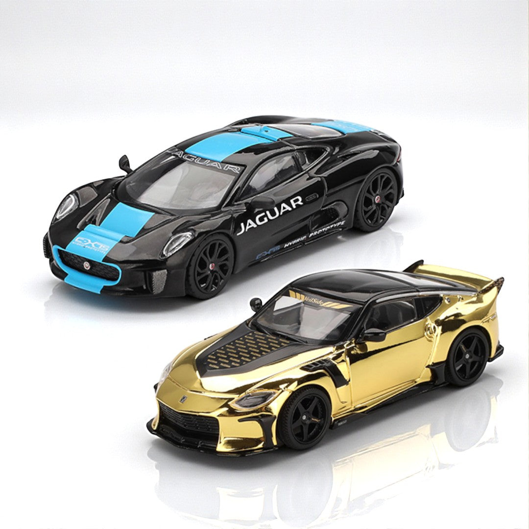 Mini GT 1:64 Jaguar C-X75 Black + NISSAN Z VEILSIDE FFZ400 GOLD CHROME Diecast Scale Model Car