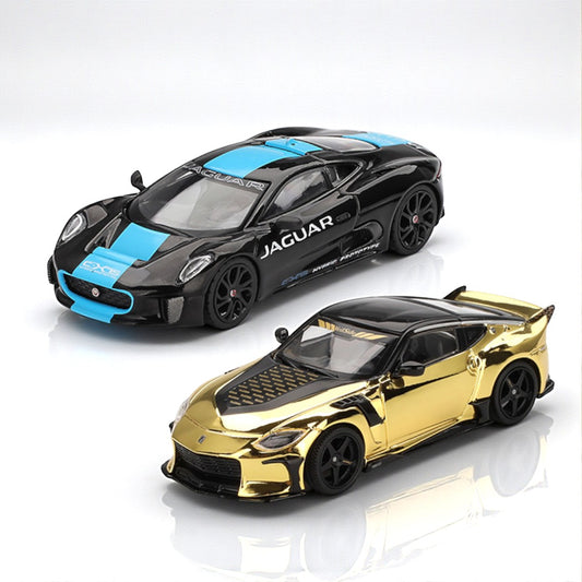 Mini GT 1:64 Jaguar C-X75 Black + NISSAN Z VEILSIDE FFZ400 GOLD CHROME Diecast Scale Model Car
