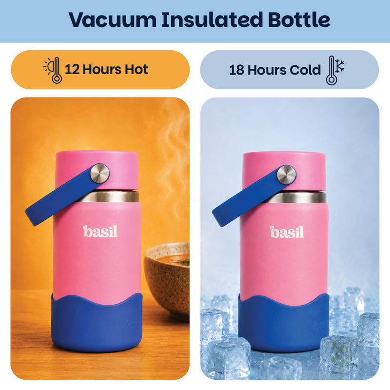 Basil Reef 380ml Kids Stainless Steel Water Bottle with Straw & Flexible Carry Handle | 304 Stainless Steel, Food-Grade Silicone Base | Pink