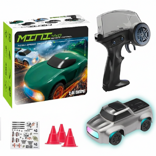 Mini 4WD Q197 1:64 Scale LED Drift RC Car – 2.4GHz Remote Control, Type-C Fast Charge, Adjustable Drift Modes (Grey)