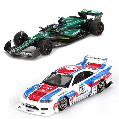Mini GT 1:64 Aston Martin AMR24 #14 F1 2024 + Nissan LBWK S15 Silvia SB Super Diecast Model Combo