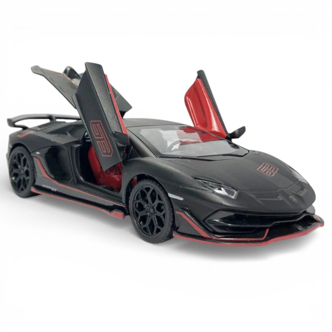 MSZ 1:32 Lamborghini Aventador SVJ Die-Cast Model Car – Black | Pull Back, Openable Doors, Light & Sound (68472)