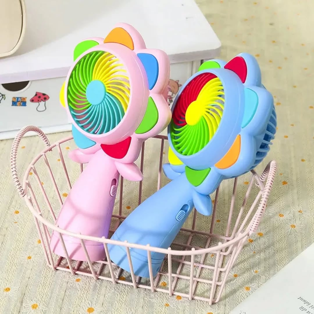 Portable Handheld Mini Fan with LED Lights – Colorful Flower Design Personal Cooling Fan for Travel, Office & Outdoor Use (Pack of 1)