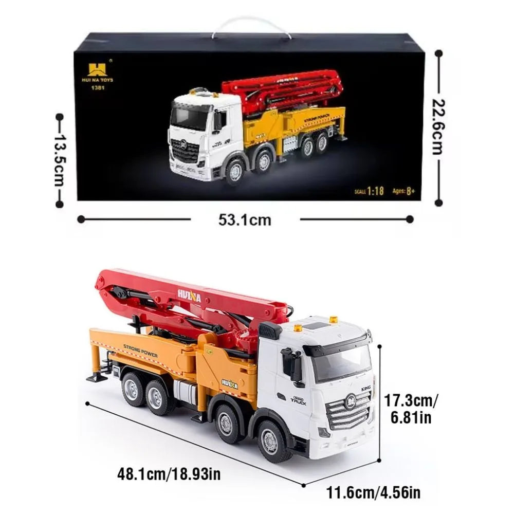 HUINA 1381 1:18 RC Concrete Pump Truck | 11CH 2.4GHz Semi-Alloy 4WD Engineering Vehicle with Water Spray, Lights & Sound