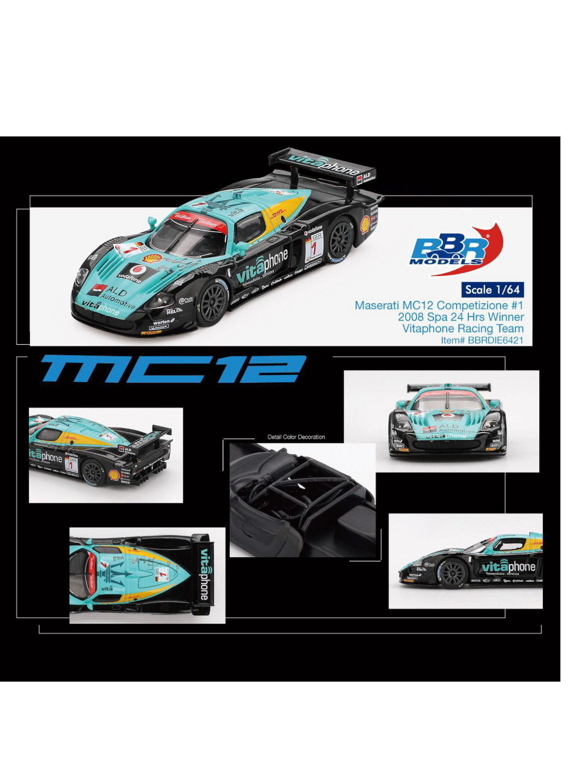 BBR Models Maserati MC12 #1 Vitaphone Racing Team 2008 Spa 24 Hours Winner | 1:64 Die-Cast Collectible Model Car
