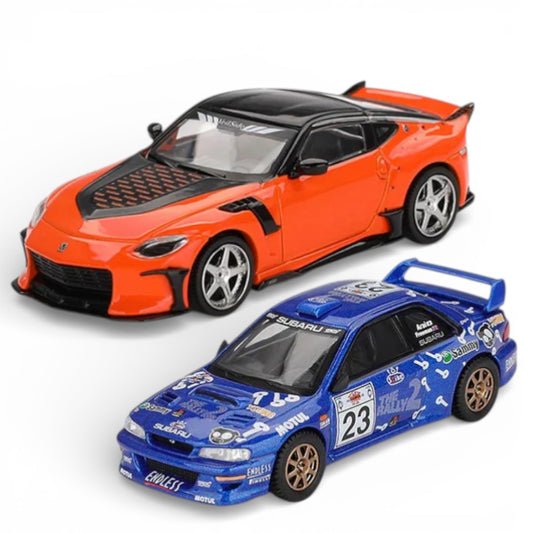 Mini GT 1:64 Blister Pack Racing Duo – Nissan Z VeilSide FFZ400 Orange + Subaru Impreza WRC99 Rally Collectibles
