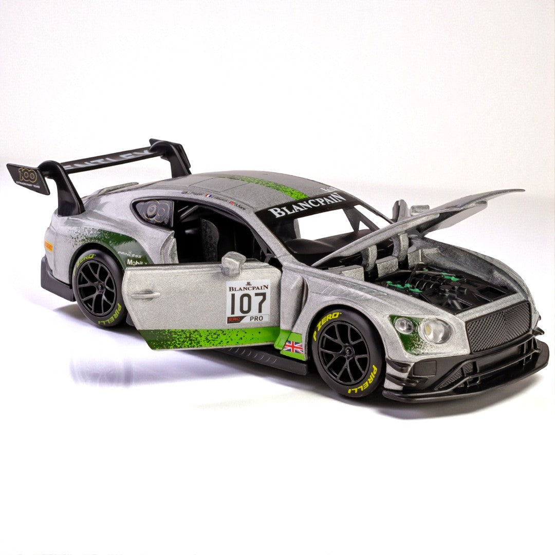 RMZ Hobby 1:32 Bentley Continental GT3 Die-Cast Model Car – Silver with Openable Doors, Light & Sound (664998)