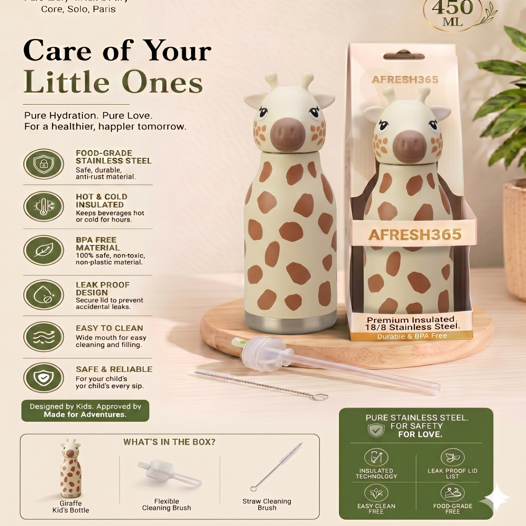 Afresh 365 Giraffe Animal Head Insulated Kids Water Bottle 450ml (16oz) | Stainless Steel Straw Bottle With 3 Colour Variants