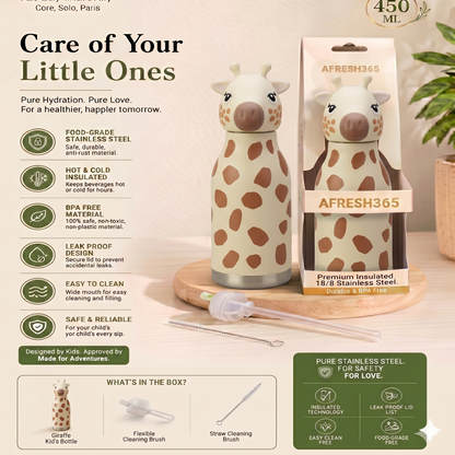 Afresh 365 Giraffe Animal Head Insulated Kids Water Bottle 450ml (16oz) | Stainless Steel Straw Bottle With 3 Colour Variants