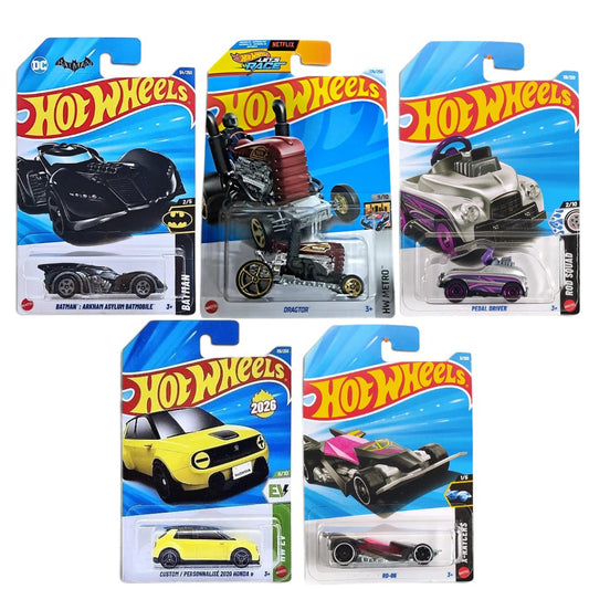 Hot Wheels 1:64 5-Car Diecast Collector Set – Batman Arkham Asylum Batmobile, RD-06, Honda e, Pedal Driver & Dragtor