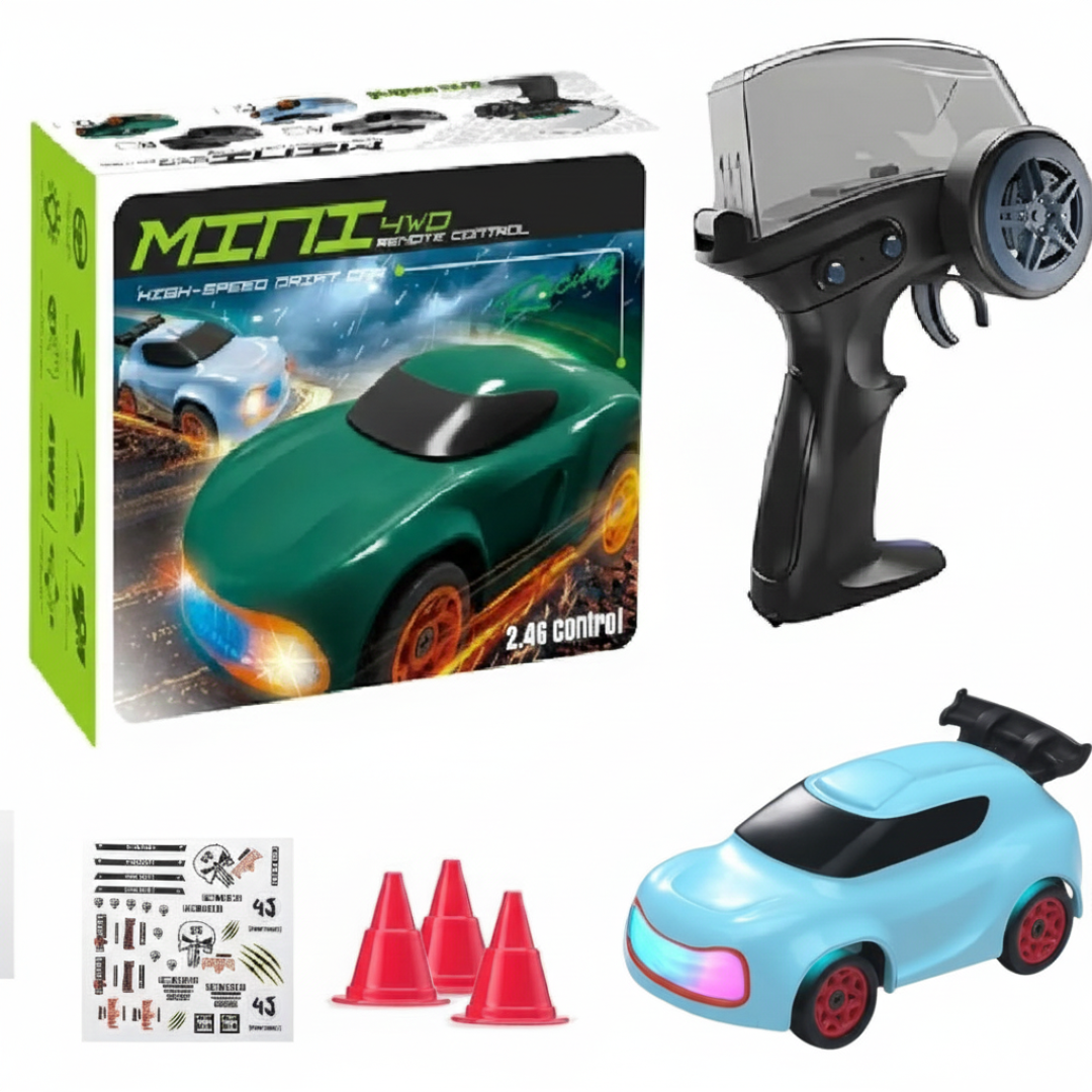 Mini 4WD Q197 1:64 Scale LED Drift RC Car – 2.4GHz Remote Control, Type-C Fast Charge, Adjustable Drift Modes (Blue)