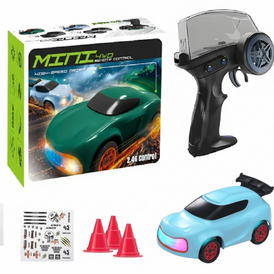 Mini 4WD Q197 1:64 Scale LED Drift RC Car – 2.4GHz Remote Control, Type-C Fast Charge, Adjustable Drift Modes (Blue)