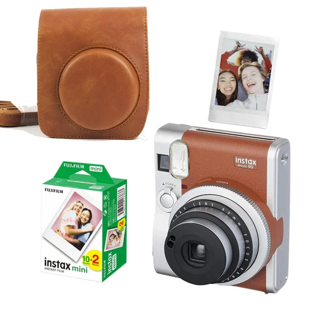 Fujifilm Instax Mini 90 Neo Classic Bundle – Brown Camera with Case & 20 Films