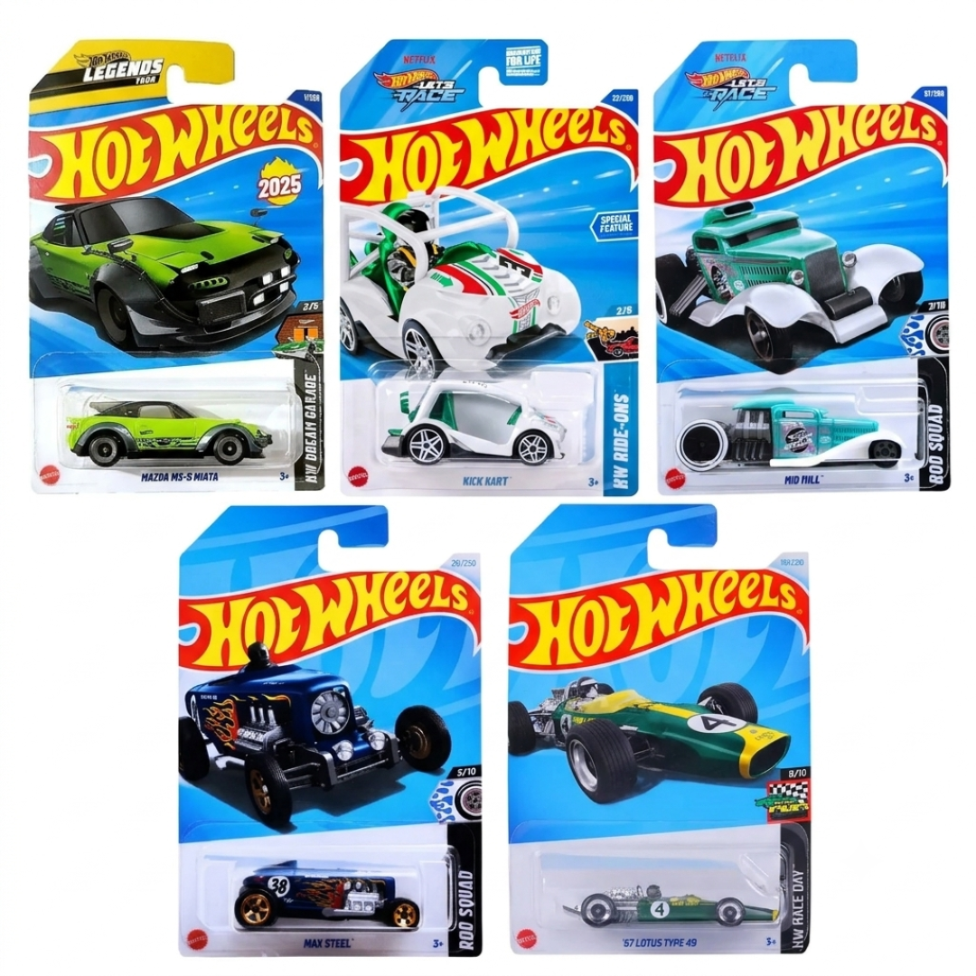Hot Wheels 5-Car Die-Cast Set – Mazda MX-5 Miata 2025 Dream Garage + Max Steel Rod Squad + '67 Lotus Type 49 + Mid Mill HYX79 + Let’s Race Kick Kart | 1:64 Scale Collectible Cars
