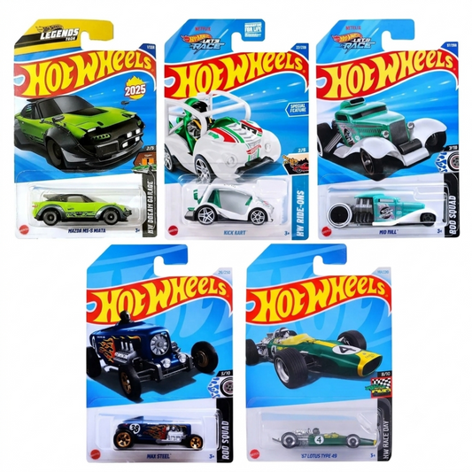 Hot Wheels 5-Car Die-Cast Set – Mazda MX-5 Miata 2025 Dream Garage + Max Steel Rod Squad + '67 Lotus Type 49 + Mid Mill HYX79 + Let’s Race Kick Kart | 1:64 Scale Collectible Cars