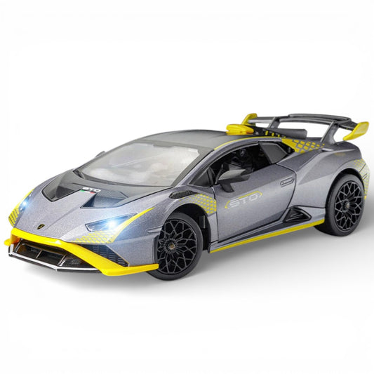 MSZ 1:32 Lamborghini Huracan STO Die-Cast Model Car – Grey | Pull Back, Openable Doors, Light & Sound (68716A)