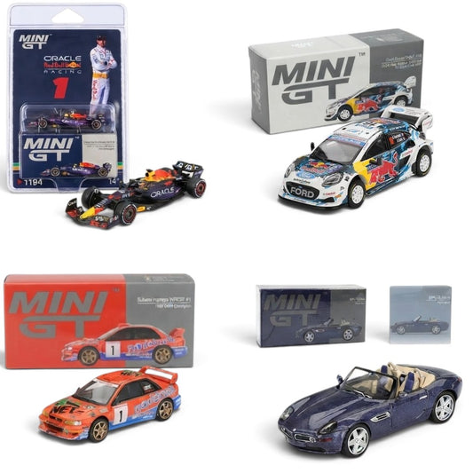 MINI GT 1:64 4-Car Diecast Model Set – Blistet -Red Bull Racing RB19 #1 Max Verstappen + Subaru Impreza WRC97 #1 + Ford Puma Rally1 #16 + BMW Z8 Alpina Blue