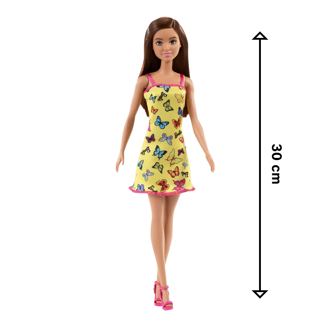 "Barbie Butterfly Elegance: Yellow Dress with Colorful Butterfly and Barbie Logo Print, Complete with Strappy Heels