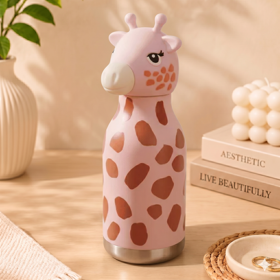 Afresh 365 Giraffe Animal Head Insulated Kids Water Bottle 450ml (16oz) | Stainless Steel Straw Bottle With 3 Colour Variants