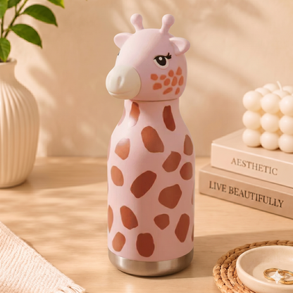 Afresh 365 Giraffe Animal Head Insulated Kids Water Bottle 450ml (16oz) | Stainless Steel Straw Bottle With 3 Colour Variants