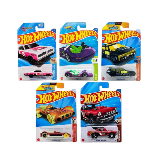 Hot Wheels 5-Car Die-Cast Set – '74 Brazilian Dodge Charger + Big-Air Bel-Air Red + Track Dwagon + Deora III + Retro-Active HTB86 | 1:64 Scale Collectible Cars