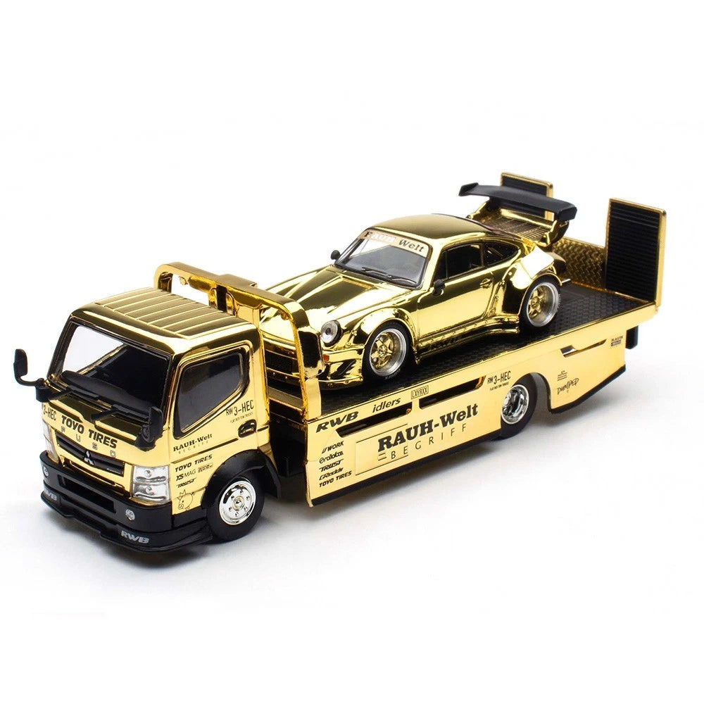 POP RACE 1:64 RWB 930 & PANDEM FUSO-300 Flatbed Transporter Gold S-SET4 Diecast Model Set