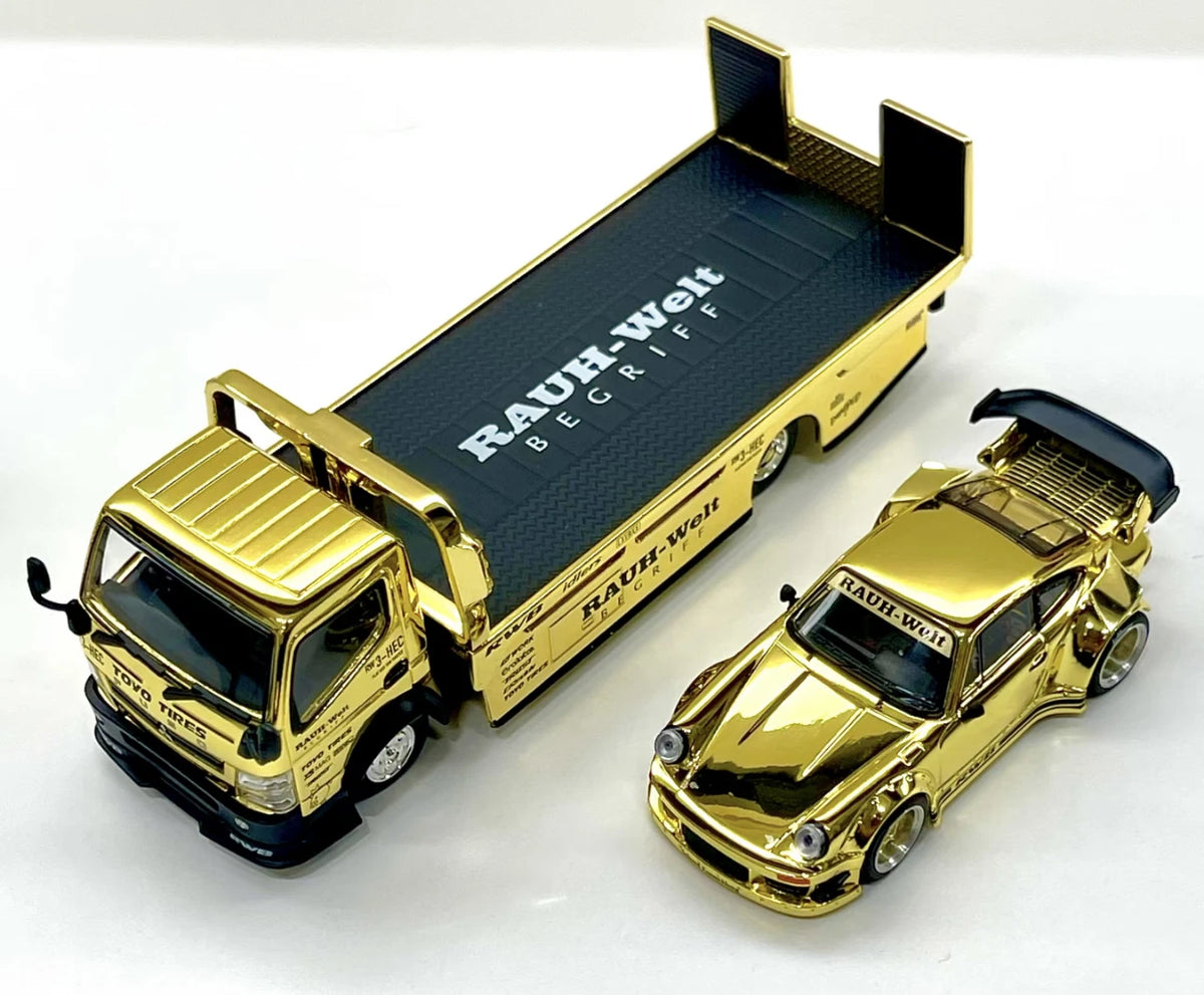 POP RACE 1:64 RWB 930 & PANDEM FUSO-300 Flatbed Transporter Gold S-SET4 Diecast Model Set